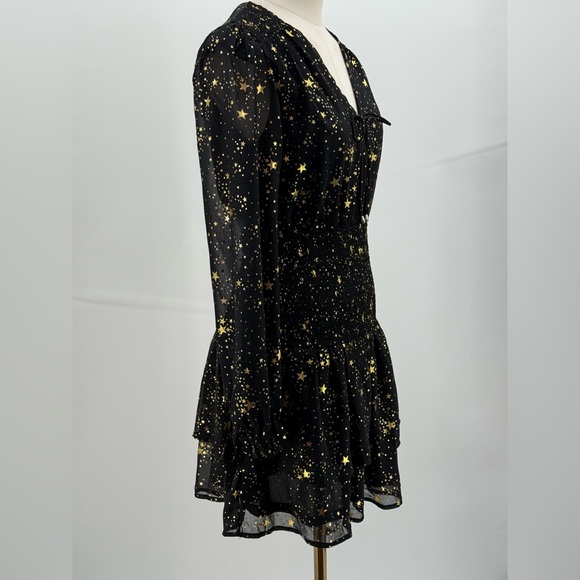 AQUA Star Print Smocked Black & Gold Star Print Smocked Mini Dress Long Sleeve - Picture 9 of 17